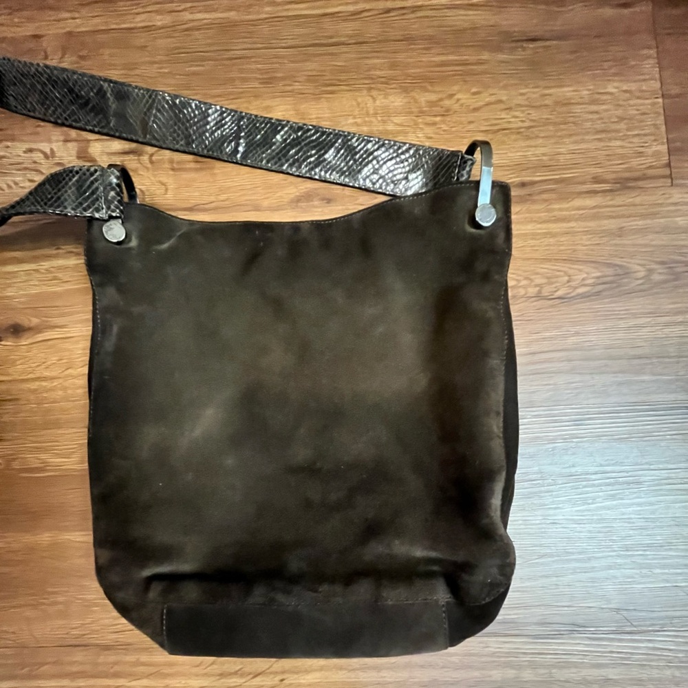 Elegant Vintage Dark Brown Suede Hobo Bag with snake shoulder strap.